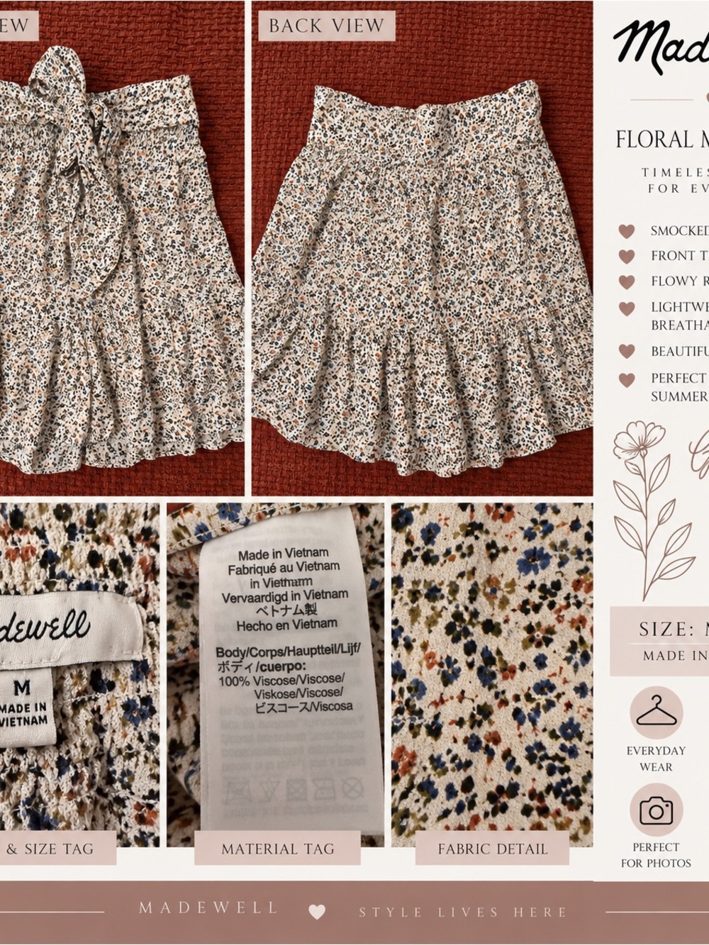 Madewell Cream Floral Smocked Ruffle Mini Skirt with Blue & Brown Speckles